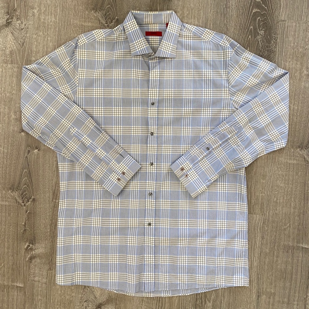 Hugo Boss, Mens Dress Shirt in White and Blue
